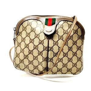 Gucci Beige GG Supreme Canvas Crossbody with Brown Leather and Green-Red Stripe